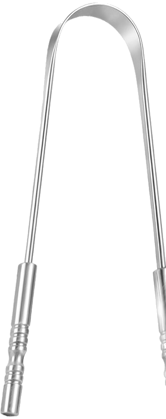 A stainless steel tongue scraper